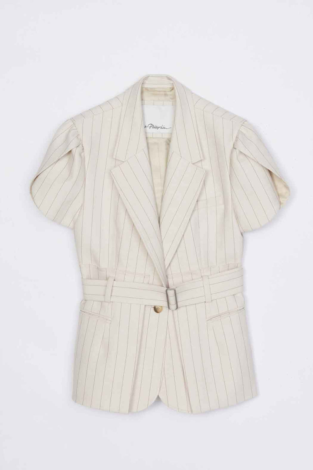Ecru-Tan Pinstripe Tulip Sleeve Blazer | 3.1 Phillip Lim
