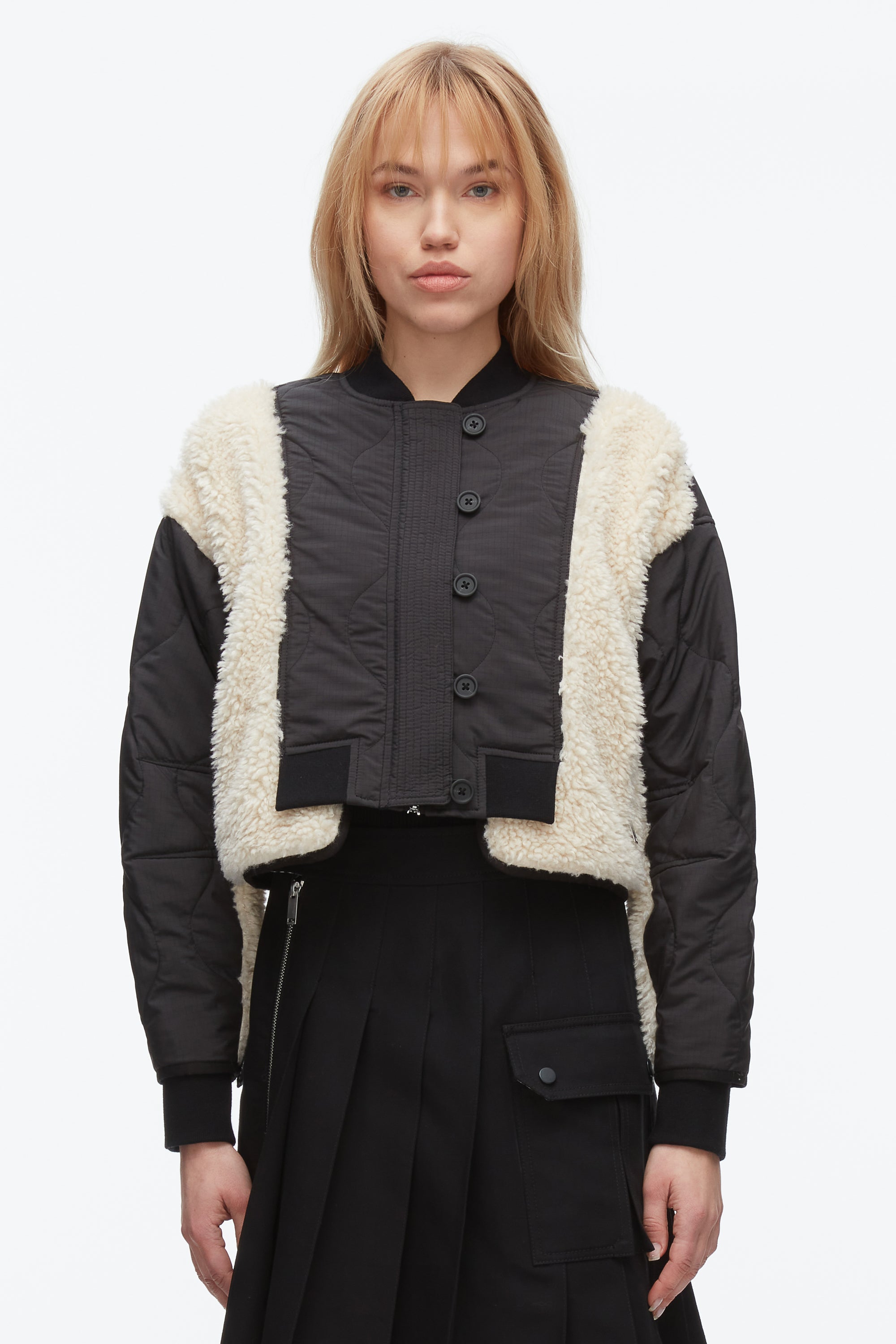 Black-Natural Cropped Sherpa Combo Bomber | 3.1 Phillip Lim