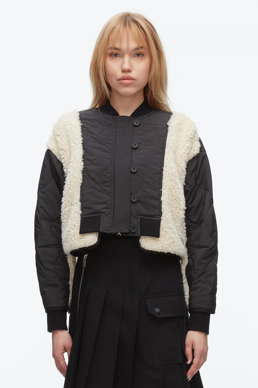 Black-Natural Cropped Sherpa Combo Bomber | 3.1 Phillip Lim