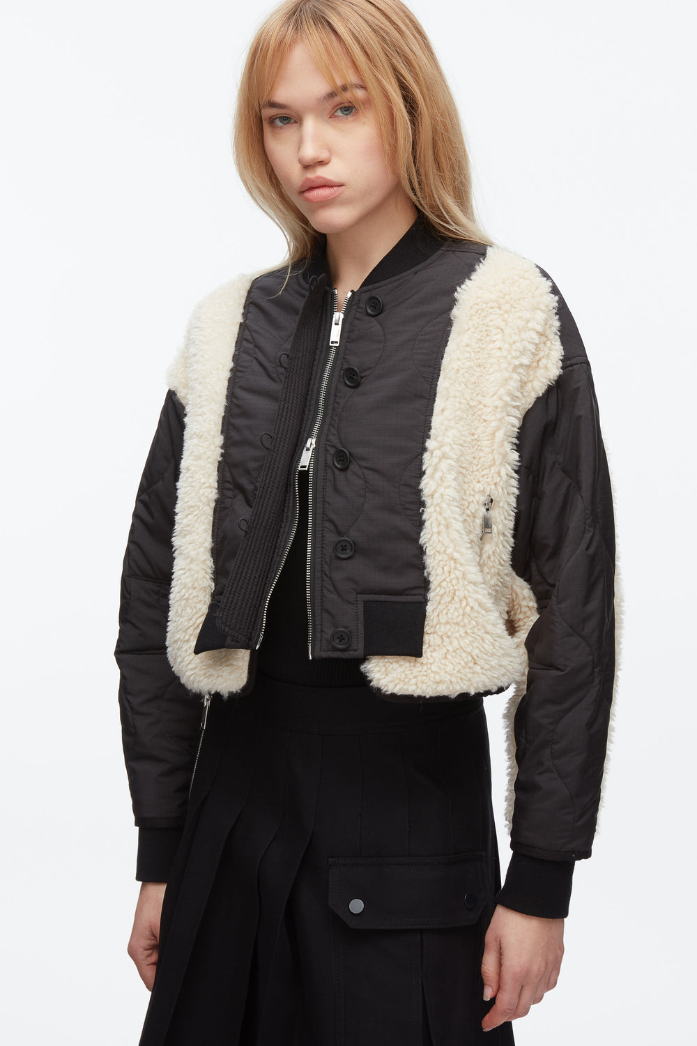 Black-Natural Cropped Sherpa Combo Bomber | 3.1 Phillip Lim