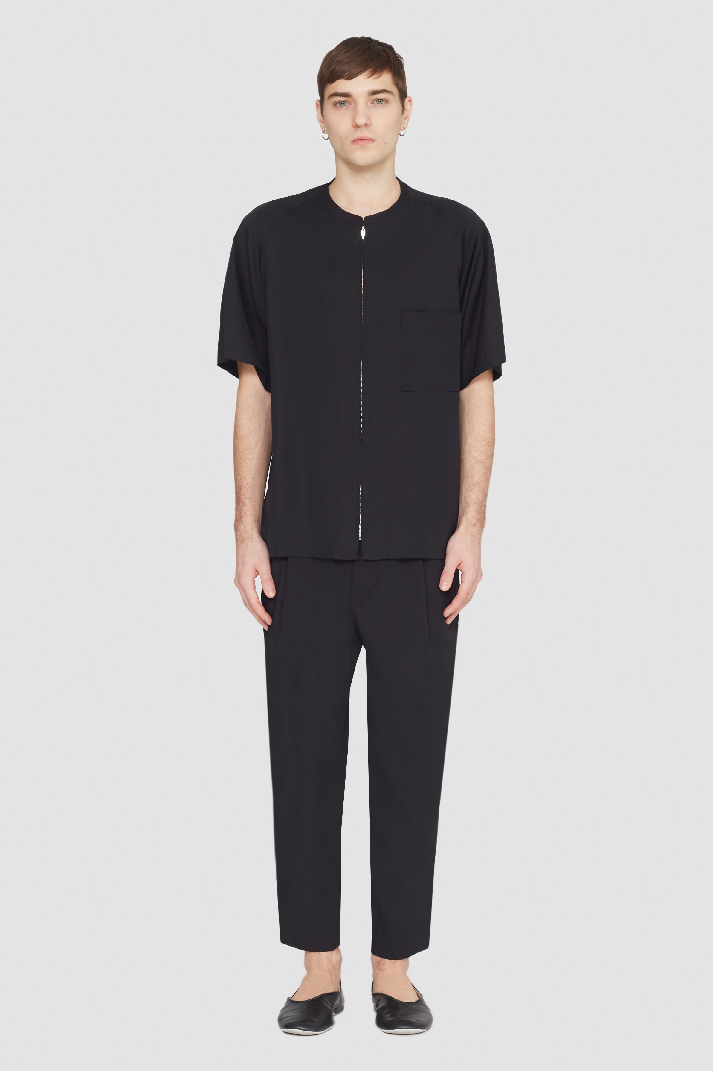 Black Short Sleeve Zip-Front Baseball Shirt | 3.1 Phillip Lim